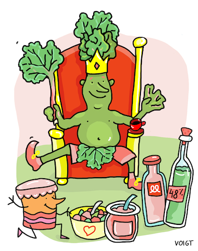 Cartoon: Rhubarb Rabarber (medium) by sabine voigt tagged rhubarb,rabarber,gemüse,obst,vegetarier,grün,könig,schnaps,chutney,marmelade,dessert,saft,cartoon