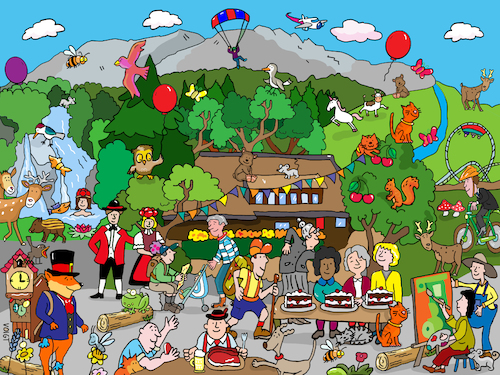 Cartoon: schwarzwald Wimmelbild (medium) by sabine voigt tagged schwarzwald,wimmelbild,gebirge,deutschland,tourismus,schwarzwälder,kirschtorte,ferien,reisen,wasserfall,kinder,einhorn,schinken,bier,uhren,kuckucksuhr,trachten,folklore,wandern,natur,tiere