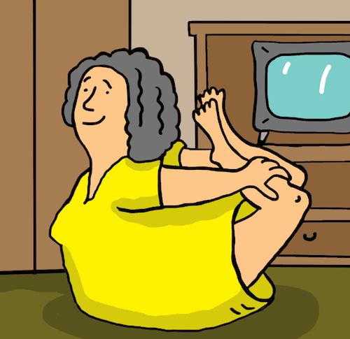 Cartoon: Seniorin Asana Yoga (medium) by sabine voigt tagged yoga,asana,sport,übung,turnen,hobby,meditation,entspannung,prävention,bewegung,gesundheit,wellness,therapie,fitness,cartoon,pflege,oma,pflegedienst,seniorin,haushaltshilfe,medizin,pflegeheim,überalterung,alter,senioren,gymnastik,frische,luft