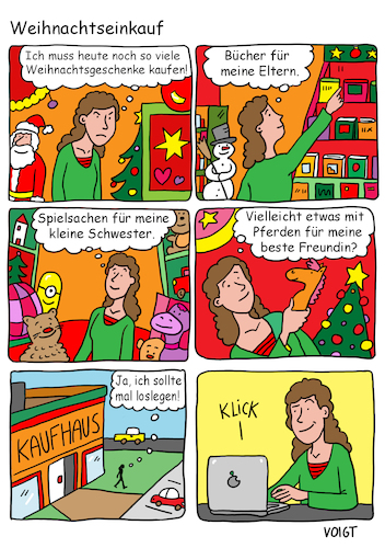 Cartoon: Weihnachtsfeier Einkauf (medium) by sabine voigt tagged weihnachten,geschenke,einkaufen,online,shopping,kaufhaus,comic,witz,amazon,winter