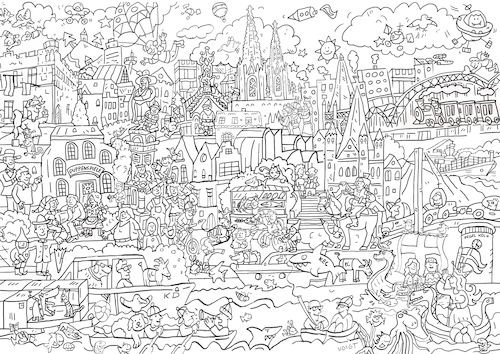 Cartoon: wimmelbild ausmalbild (medium) by sabine voigt tagged wimmelbild,ausmalbild,ausmalen,köln,stadt,gewimmel,panorama