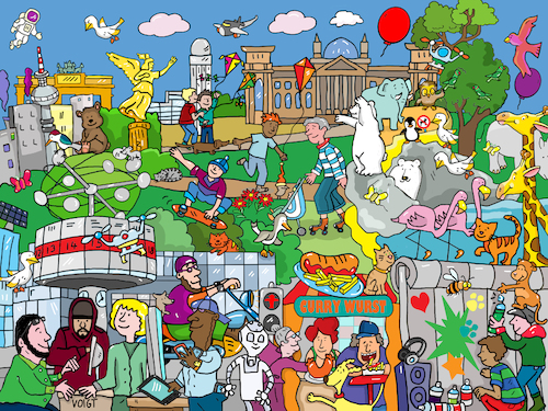 Cartoon: Wimmelbild Berlin (medium) by sabine voigt tagged wimmelbild,berlin,hauptstadt,deutschland,zoo,siegessäule,quadriga,party,musik,roboter,spiel,ferien,urlaub,tourismus,technologie,forschung,internet,computer