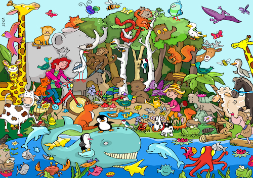 Cartoon: Wimmelbild Biodiversität (medium) by sabine voigt tagged biodiversität,artenvielfalt,artensterben,ökologie,umwelt,wald,umweltverschmutzung,nahrungskette,biologie,arten,tiere,umweltzerstörung,windkraft,biodiesel,strom,umweltschutz