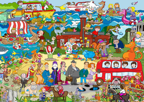 Cartoon: Wimmelbild England (medium) by sabine voigt tagged wimmelbild,london,tower,queen,themse,england,brexit,europa,great,britain,westminster,bus,paddington