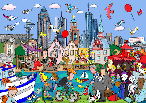 Cartoon: Wimmelbild Frankfurt (medium) by sabine voigt tagged wimmelbild,frankfurt,buchmesse,tourismus,goethe,grimm,rotkäppchen,saurier,schenkenberg,museum,bankenviertel,bank,finanzen,geld,kultur,buch,bücher,hochhäuser,guttenberg,buchdruck,märchen,bänker