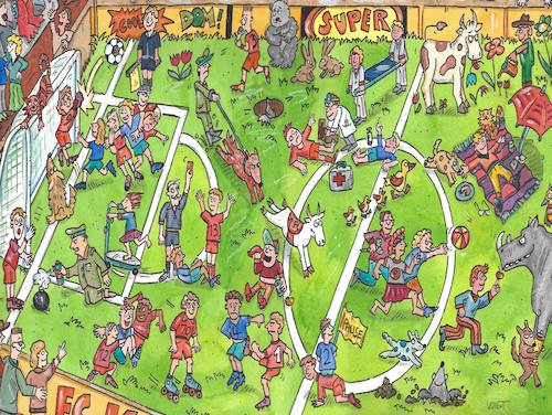 Cartoon: Wimmelbild Fussball (medium) by sabine voigt tagged wimmelbild,fussball,sport,spiel,kinder,köln,ballsport,mannschaft,verein,uefa,witz,kindergarten,grundschule