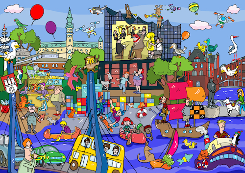 Cartoon: Wimmelbild Hamburg (medium) by sabine voigt tagged wimmelbild,hamburg,strand,meer,sommer,sommerferien,sand,elbphilharmonie,hafen,speicherstadt,boote,containerschiff,fischmarkt,schiff,brücke,beatles,rathaus,sonnenschirm,wasser,schwimmen