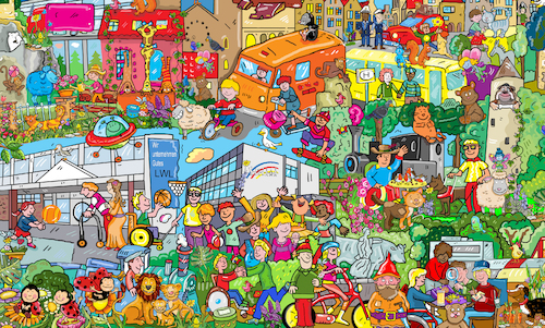 Cartoon: wimmelbild inklusion (medium) by sabine voigt tagged wimmelbild,inklusion,rollstuhl,blind,sehbehinderung,behinderung,förderschule,schule