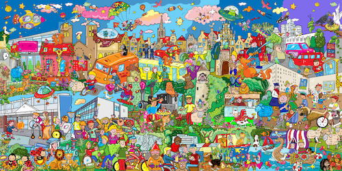 Cartoon: Wimmelbild Inklusion (medium) by sabine voigt tagged wimmelbild,inklusion,rollstuhl,blind,sehbehinderung,behinderung,förderschule,schule