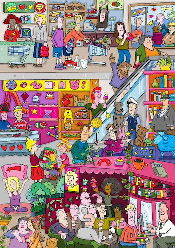 Cartoon: Wimmelbild Kaufhaus (medium) by sabine voigt tagged wimmelbild,kaufhaus,geschäfte,rolltreppe,restaurant,bäckerei,juwelier,spielzeug,laden,friseur,shopping,mall,einkaufszentrum