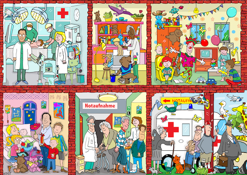 Cartoon: Wimmelbild Krankenhaus (medium) by sabine voigt tagged wimmelbild,krankenhaus,hospital,kinderkrankenhaus,geburt,baby,krank,gesund,therapie,operation,clown,notaufnahme,unfall,anmeldung,gips,rollstuhl,geriatrie,op,radiologie,patient,krankenkasse