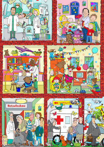 Cartoon: Wimmelbild Krankenhaus (medium) by sabine voigt tagged wimmelbild,krankenhaus,hospital,kinderkrankenhaus,geburt,baby,krank,gesund,therapie,operation,clown,notaufnahme,unfall,anmeldung,gips,rollstuhl,geriatrie,op,radiologie,patient,krankenkasse