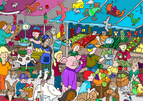 Cartoon: wimmelbild markt (medium) by sabine voigt tagged wimmelbild,markt,bauern,wochenmarkt,farmer,gemüse,obst,einkaufen,erzeuger,bauer,ökologie,bio,essen,ernährung,ostern,tierewimmelbild,tiere