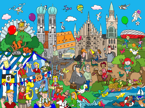 Cartoon: Wimmelbild München (medium) by sabine voigt tagged wimmelbild,münchen,bayern,bierzelt,oktoberfest,bayer,fussball,brezel,tourismus,deutschland,stadt,hofbräuhaus,liebfrauen,kirche,weißwurst,bier,brauchtum