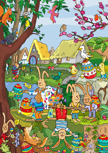 Cartoon: Wimmelbild Ostern (medium) by sabine voigt tagged wimmelbild,ostern,osterhase,ostereier,eier,hase,hasen,anmalen,frühling,wiese,tiere,fest,christentum,auferstehung,jesus,kirche,kinder