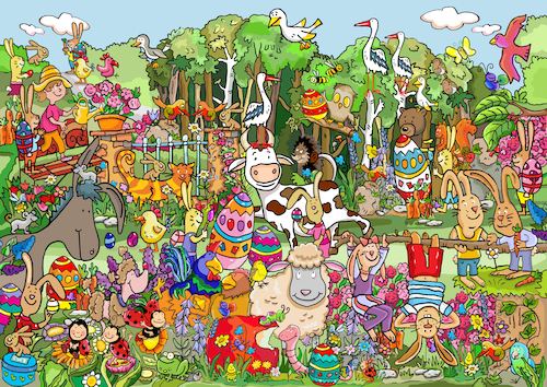 Cartoon: Wimmelbild Ostern Osterhase (medium) by sabine voigt tagged wimmelbild,ostern,osterhase,ostereier,eier,hase,hasen,anmalen,frühling,wiese,tiere,fest,christentum,auferstehung,jesus,kirche,kinder