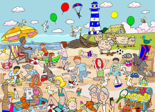 Cartoon: Wimmelbild Strand (medium) by sabine voigt tagged wimmelbild,strand,meer,sommer,sommerferien,sand,sonnenschirm,wasser,schwimmen,sandburg,kinder,tiere,eis,robben,seehunde,ökologie,bio,biodiversität,artenvielfalt,artensterben,umwelt,wald,nahrungskette,biologie,arten,umweltschutz