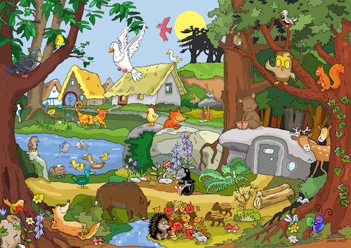 Cartoon: wimmelbild Wald (medium) by sabine voigt tagged wimmelbild,wald,tiere,kindergarten,grundschule,natur,pflanzen,weiher,see,vögel,eber,bär,frischling,reh,fuchs,eule,eichhörnchen