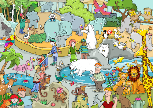 Cartoon: Wimmelbild Zoo (medium) by sabine voigt tagged wimmelbild,zoo,tiere,elefanten,bären,robben,seehunde,giraffen,flamingos,kinder,nashorn,zucht,ökologie,bio,biodiversität,artenvielfalt,artensterben,umwelt,wald,nahrungskette,biologie,arten,umweltschutz