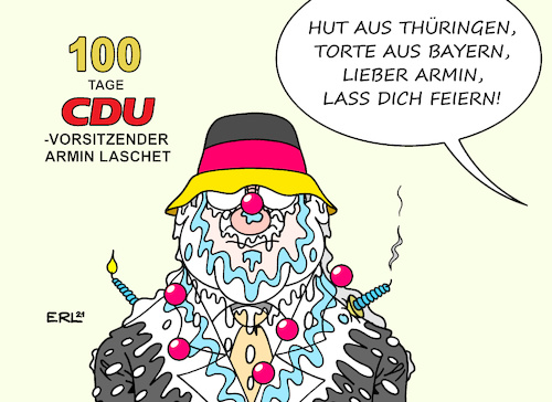 Cartoon: 100 Tage Armin Laschet (medium) by Erl tagged politik,partei,cdu,vorsitz,armin,laschet,100,tage,amt,autorität,verlust,umfragewerte,schlecht,sticheleien,bayern,csu,markus,söder,ministerpräsident,provokation,landesverband,thüringen,aufstellung,hans,georg,maaßen,rechtsaußen,nähe,afd,hut,torte,gesicht,kerzen,gedicht,gratulation,jubiläum,karikatur,erl,politik,partei,cdu,vorsitz,armin,laschet,100,tage,amt,autorität,verlust,umfragewerte,schlecht,sticheleien,bayern,csu,markus,söder,ministerpräsident,provokation,landesverband,thüringen,aufstellung,hans,georg,maaßen,rechtsaußen,nähe,afd,hut,torte,gesicht,kerzen,gedicht,gratulation,jubiläum,karikatur,erl