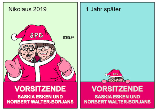 Cartoon: 1 Jahr SPD-Vorsitz (medium) by Erl tagged politik,partei,spd,sozialdemokraten,2019,suche,vorsitzende,doppelspitze,nikolaus,nikolaustag,wahl,saskia,esken,norbert,walter,borjans,hoffnung,aufbruch,jahrestag,jahr,blass,farblos,klein,karikatur,erl,politik,partei,spd,sozialdemokraten,2019,suche,vorsitzende,doppelspitze,nikolaus,nikolaustag,wahl,saskia,esken,norbert,walter,borjans,hoffnung,aufbruch,jahrestag,jahr,blass,farblos,klein,karikatur,erl