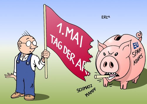 Cartoon: 1.Mai (medium) by Erl tagged arbeiter,sparschwein,arbeitslosigkeit,sparkurs,schuldenkrise,eu,arbeit,der,tag,mai,erster,erster mai,eu,schuldenkrise,sparkurs,arbeitslosigkeit,erster,mai