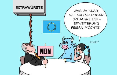 Cartoon: 20 Jahre EU-Osterweiterung (medium) by Erl tagged politik,20,jahre,eu,osterweiterung,2004,neu,mitglieder,polen,tschechien,estland,lettland,litauen,slowakei,slowenien,malta,zypern,ungarn,ministerpräsident,viktor,orban,blockade,erpressung,extrawurst,extrawürste,feier,europa,stier,karikatur,erl,politik,20,jahre,eu,osterweiterung,2004,neu,mitglieder,polen,tschechien,estland,lettland,litauen,slowakei,slowenien,malta,zypern,ungarn,ministerpräsident,viktor,orban,blockade,erpressung,extrawurst,extrawürste,feier,europa,stier,karikatur,erl