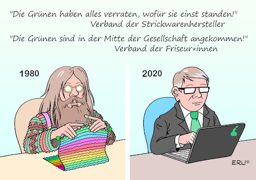 Cartoon: 40 Jahre Die Grünen (medium) by Erl tagged politik,die,grünen,partei,gründung,jubiläum,40,jahre,veränderung,haare,bart,stricken,laptop,ökologie,antiatombewegung,feminismus,umweltschutz,klimaschutz,basisdemokratie,pazifismus,ideale,verrat,mitte,gesellschaft,karikatur,erl,politik,die,grünen,partei,gründung,jubiläum,40,jahre,veränderung,haare,bart,stricken,laptop,ökologie,antiatombewegung,feminismus,umweltschutz,klimaschutz,basisdemokratie,pazifismus,ideale,verrat,mitte,gesellschaft,karikatur,erl