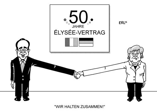 Cartoon: 50 Jahre Elysee-Vertrag (medium) by Erl tagged elysee,vertrag,frankreich,deutschland,freundschaft,50,fünfzig,jahre,achse,paris,berlin,präsident,francois,hollande,bundeskanzlerin,angela,merkel,distanz