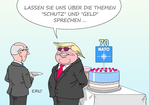 Cartoon: 70 Jahre NATO (medium) by Erl tagged politik,nato,verteidigungsbündnis,70,jahre,geburtstag,usa,präsident,donald,trump,forderung,erhöhung,ausgaben,verteidigung,militär,drohung,rückzug,schutz,geld,karikatur,erl,politik,nato,verteidigungsbündnis,70,jahre,geburtstag,usa,präsident,donald,trump,forderung,erhöhung,ausgaben,verteidigung,militär,drohung,rückzug,schutz,geld,karikatur,erl