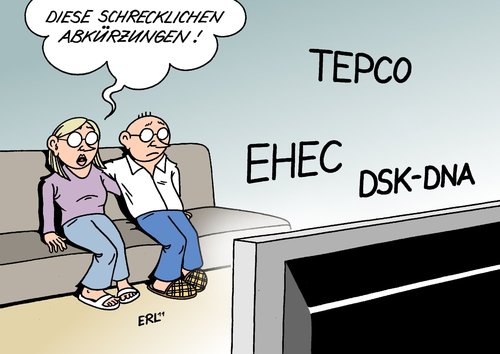 Cartoon: Abkürzungen ohne FDP (medium) by Erl tagged nachrichten,katastrophe,fernsehen,krankheit,verbrechen,abkürzung,tepco,japan,atomkonzern,fukushima,supergau,ehec,bakterium,dna,dsk,strauss kahn,strauss,kahn