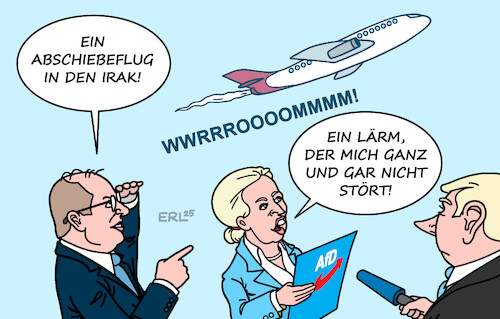 Cartoon: Abschiebefluglärm (medium) by Erl tagged politik,afd,rechtsextremismus,gefahr,demokratie,dobrindt,härte,asylpolitik,abschiebeflüge,weidel,interview,lärm,karikatur,erl,politik,afd,rechtsextremismus,gefahr,demokratie,dobrindt,härte,asylpolitik,abschiebeflüge,weidel,interview,lärm,karikatur,erl