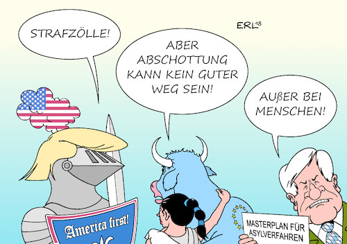 Cartoon: Abschottung (medium) by Erl tagged politik,usa,präsident,donald,trump,wirtschaft,wirtschaftspolitik,nationalismus,abschottung,strafzölle,zölle,handel,welthandel,freihandel,einschränkung,gefährdung,egoismus,handelskrieg,america,first,eu,bmw,mercedes,flüchtlinge,menschen,asyl,asylverfahren,horst,seehofer,masterplan,innenminister,ritter,europa,stier,karikatur,erl,politik,usa,präsident,donald,trump,wirtschaft,wirtschaftspolitik,nationalismus,abschottung,strafzölle,zölle,handel,welthandel,freihandel,einschränkung,gefährdung,egoismus,handelskrieg,america,first,eu,bmw,mercedes,flüchtlinge,menschen,asyl,asylverfahren,horst,seehofer,masterplan,innenminister,ritter,europa,stier,karikatur,erl