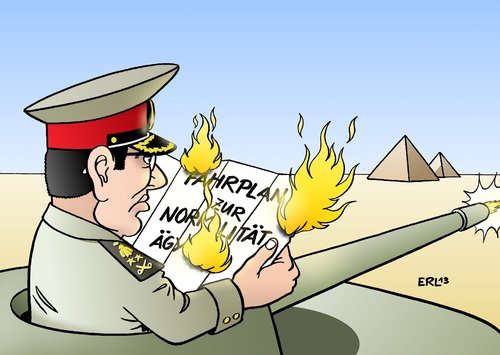 Cartoon: Ägypten (medium) by Erl tagged ägypten,militär,militärputsch,sturz,mursi,muslimbruder,islam,demokratie,normalität,aufstand,feuer,kampf,fahrplan,panzer,pyramide,ägypten,militär,militärputsch,sturz,mursi,muslimbruder,islam,demokratie,normalität,aufstand,feuer,kampf,fahrplan,panzer,pyramide