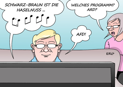 Cartoon: AfD-Programm (medium) by Erl tagged afd,alternative,für,deutschland,partei,parteitag,programm,rechtspopulismus,islamfeindlichkeit,konservativ,rechts,national,schwarz,braun,haselnuss,lied,karikatur,erl,afd,alternative,für,deutschland,partei,parteitag,programm,rechtspopulismus,islamfeindlichkeit,konservativ,rechts,national,schwarz,braun,haselnuss,lied,karikatur,erl