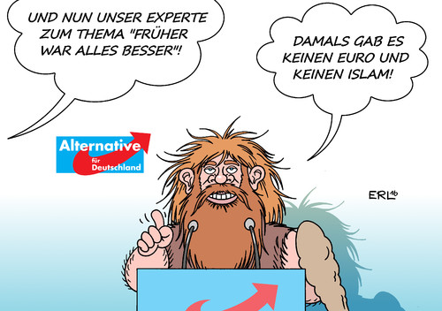 Cartoon: AfD (medium) by Erl tagged islamophobie,fremdenfeindlichkeit,fremdenangst,globalisierung,angst,besser,früher,euro,islam,anti,programm,parteitag,partei,deutschland,für,alternative,afd,erl,karikatur,steinzeit,rechtsextremismus,rechtspopulismus,afd,alternative,für,deutschland,partei,parteitag,programm,anti,islam,euro,früher,besser,angst,globalisierung,fremdenangst,fremdenfeindlichkeit,islamophobie,rechtspopulismus,rechtsextremismus,steinzeit,karikatur,erl