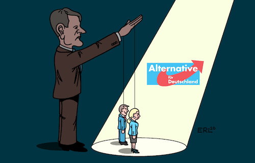 Cartoon: AfD (medium) by Erl tagged politik,partei,afd,parteitag,wiederwahl,doppelspitze,weidel,chrupalla,hintergrund,fäden,hand,höcke,hitlergruß,rechtsextremist,rechtsextremismus,karikatur,erl,politik,partei,afd,parteitag,wiederwahl,doppelspitze,weidel,chrupalla,hintergrund,fäden,hand,höcke,hitlergruß,rechtsextremist,rechtsextremismus,karikatur,erl