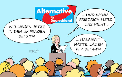 Cartoon: AfD und Merz (medium) by Erl tagged politik,partei,afd,rechtsextremismus,rechtspopulismus,parteitag,alice,weidel,umfragen,rekord,friedrich,merz,cdu,ankündigung,halbierung,wählerstimmen,karikatur,erl,politik,partei,afd,rechtsextremismus,rechtspopulismus,parteitag,alice,weidel,umfragen,rekord,friedrich,merz,cdu,ankündigung,halbierung,wählerstimmen,karikatur,erl
