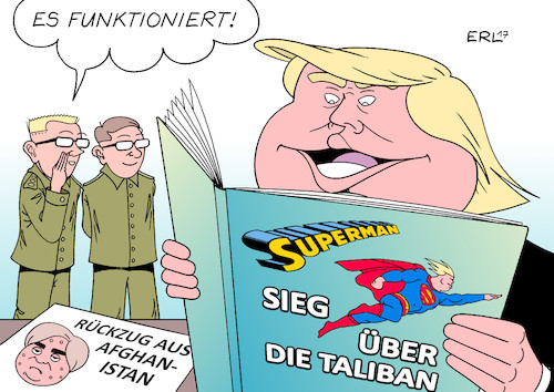 Cartoon: Afghanistan (medium) by Erl tagged usa,präsident,donald,trump,wahlversprechen,abzug,rückzug,afghanistan,linie,berater,steve,bannon,stabschef,john,kelly,militär,drängen,überzeugung,truppen,verstärkung,kampf,terrorismus,taliban,is,superman,comic,karikatur,erl,usa,präsident,donald,trump,wahlversprechen,abzug,rückzug,afghanistan,linie,berater,steve,bannon,stabschef,john,kelly,militär,drängen,überzeugung,truppen,verstärkung,kampf,terrorismus,taliban,is,superman,comic,karikatur,erl