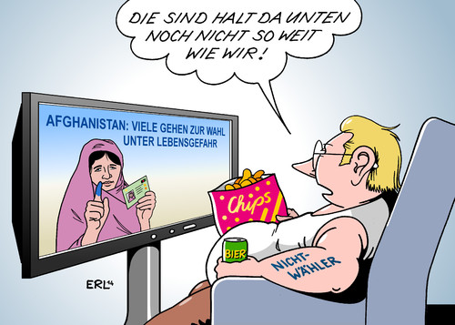 Cartoon: Afghanistan Wahl (medium) by Erl tagged fernsehsessel,fernsehen,chips,bier,protest,passivität,desinteresse,faulheit,nichtwähler,deutschland,wahlbeteiligung,wähler,lebensgefahr,anschläge,taliban,islam,extremismus,präsident,afghanistan,wahl,wahl,afghanistan,präsident,extremismus,islam,taliban,anschläge,lebensgefahr,wähler,wahlbeteiligung,deutschland,nichtwähler,faulheit,desinteresse,passivität,protest,bier,chips,fernsehen,fernsehsessel