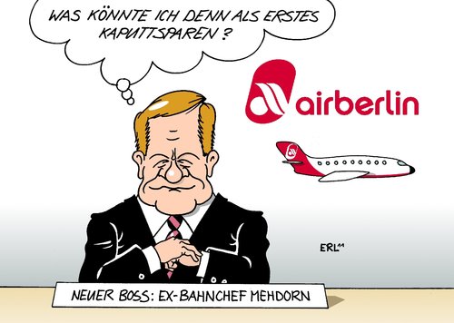 Cartoon: Air Berlin (medium) by Erl tagged air,berlin,chef,boss,neu,hartmut,mehdorn,bahn,ex,bahnchef,sparkurs,knallhart,sparen,kaputtsparen,fluglinie,flugzeug,air,berlin,boss,hartmut mehdorn,bahn,sparkurs,knallhart,sparen,hartmut,mehdorn