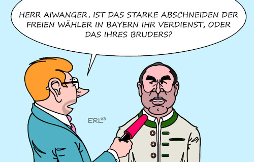 Cartoon: Aiwanger (medium) by Erl tagged politik,wahl,landtagswahl,bayern,stimmengewinn,freie,wähler,hubert,aiwanger,flugblattaffäre,flugblatt,antisemitismus,verfasser,bruder,karikatur,erl,politik,wahl,landtagswahl,bayern,stimmengewinn,freie,wähler,hubert,aiwanger,flugblattaffäre,flugblatt,antisemitismus,verfasser,bruder,karikatur,erl