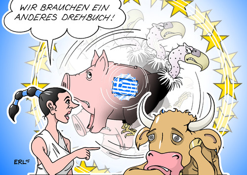 Cartoon: Alles dreht sich um Griechenland (medium) by Erl tagged griechenland,schulden,euro,pleite,staatspleite,staatsbankrott,eu,ezb,iwf,institutionen,sparkurs,rederendum,ja,nein,grexit,explosion,knall,eurozone,europa,stier,sterne,drehbuch,drehen,kurs,karikatur,erl,griechenland,schulden,euro,pleite,staatspleite,staatsbankrott,eu,ezb,iwf,institutionen,sparkurs,rederendum,ja,nein,grexit,explosion,knall,eurozone,europa,stier,sterne,drehbuch,drehen,kurs