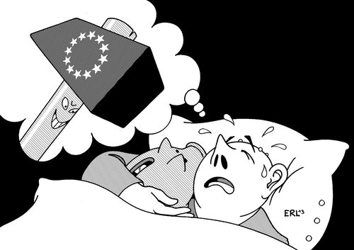 Cartoon: Alptraum des Kleinsparers (medium) by Erl tagged eu,zypern,rettung,bank,banken,beteiligung,sparer,kleinsparer,tabu,tabubruch,angst,alptraum,sparschwein,euro