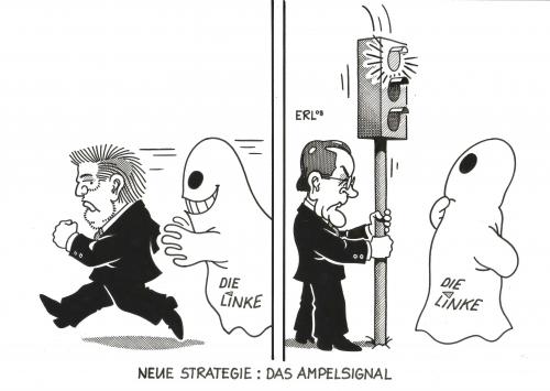 Cartoon: Ampel (medium) by Erl tagged spd,kurt beck,franz müntefering,strategie,die linke,linkspartei,ampel,koalition,fdp,grüne,schreckgespenst,signal,ampelsignal,stopp,konstellation,sozialdemokraten,bündnis,kurt,beck,franz,müntefering,die,linke