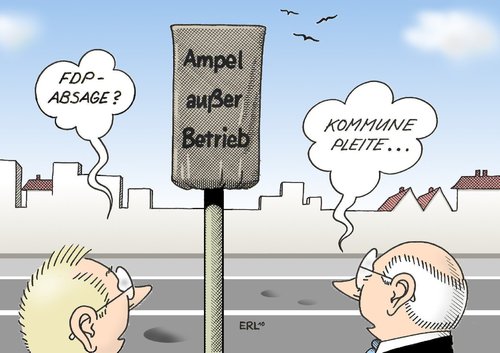 Cartoon: Ampel außer Betrieb (medium) by Erl tagged ampel,außer,betrieb,fdp,nrw,spd,grüne,linke,absage,kommunen,pleite,ampel,betrieb,fdp,nrw,spd,grüne,linke,absage,kommunen,pleite