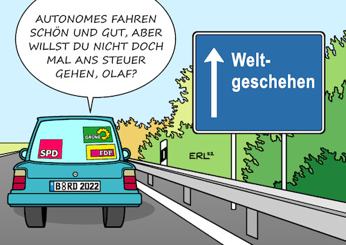 Cartoon: Ampelkoalition (medium) by Erl tagged politik,regierung,ampel,koalition,spd,grüne,fdp,unzufriedenheit,bundeskanzler,olaf,scholz,führung,führungsschwäche,zögern,zaudern,weltgeschehen,krieg,russland,ukraine,auto,autobahn,autonomes,fahren,karikatur,erl,politik,regierung,ampel,koalition,spd,grüne,fdp,unzufriedenheit,bundeskanzler,olaf,scholz,führung,führungsschwäche,zögern,zaudern,weltgeschehen,krieg,russland,ukraine,auto,autobahn,autonomes,fahren,karikatur,erl