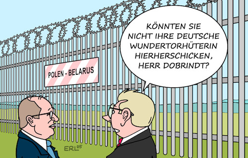Cartoon: An der EU-Außengrenze (medium) by Erl tagged politik,migration,asyl,innenminister,dobrindt,besuch,polen,eu,außengrenze,belarus,torhüterin,ann,katrin,berger,karikatur,erl,politik,migration,asyl,innenminister,dobrindt,besuch,polen,eu,außengrenze,belarus,torhüterin,ann,katrin,berger,karikatur,erl