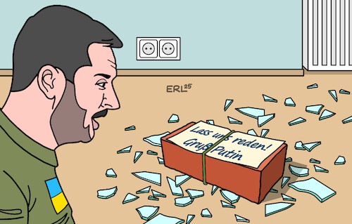 Cartoon: Angebot (medium) by Erl tagged politik,krieg,russland,ukraine,angebot,putin,gespräche,verhandlungen,angriffe,ziegelstein,fenster,selenskyj,karikatur,erl,politik,krieg,russland,ukraine,angebot,putin,gespräche,verhandlungen,angriffe,ziegelstein,fenster,selenskyj,karikatur,erl