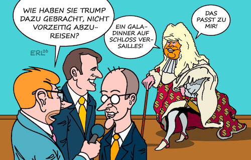 Cartoon: Angemessen (medium) by Erl tagged politik,g7,trump,infantil,laune,bespaßung,merz,macron,einladung,galadinner,schloss,versailles,sonnenkönig,karikatur,erl,politik,g7,trump,infantil,laune,bespaßung,merz,macron,einladung,galadinner,schloss,versailles,sonnenkönig,karikatur,erl